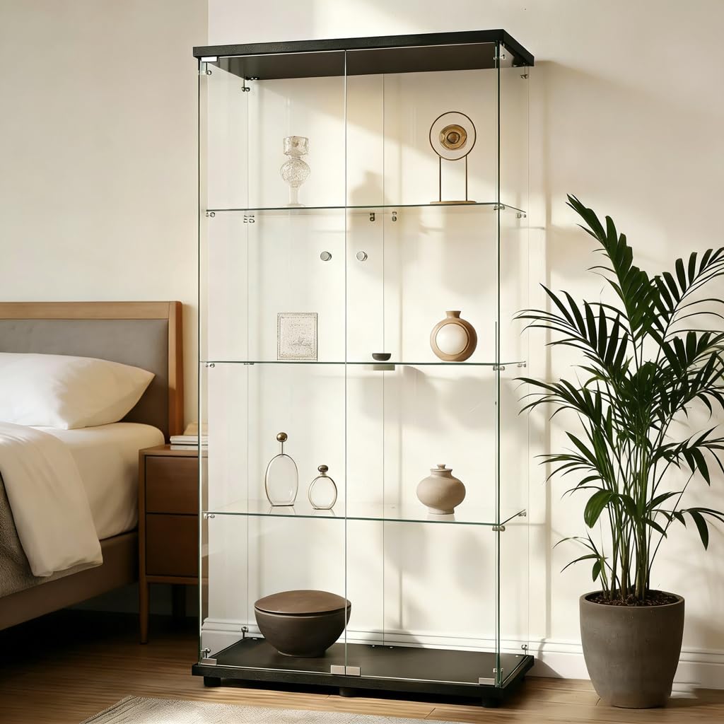 Vitrina de Cristal de 2 Puerta, 4 Niveles con Cerradura, Armario de Almacenamiento con Espejo, para coleccionables, Juguetes (B1-Negro-sin luz)