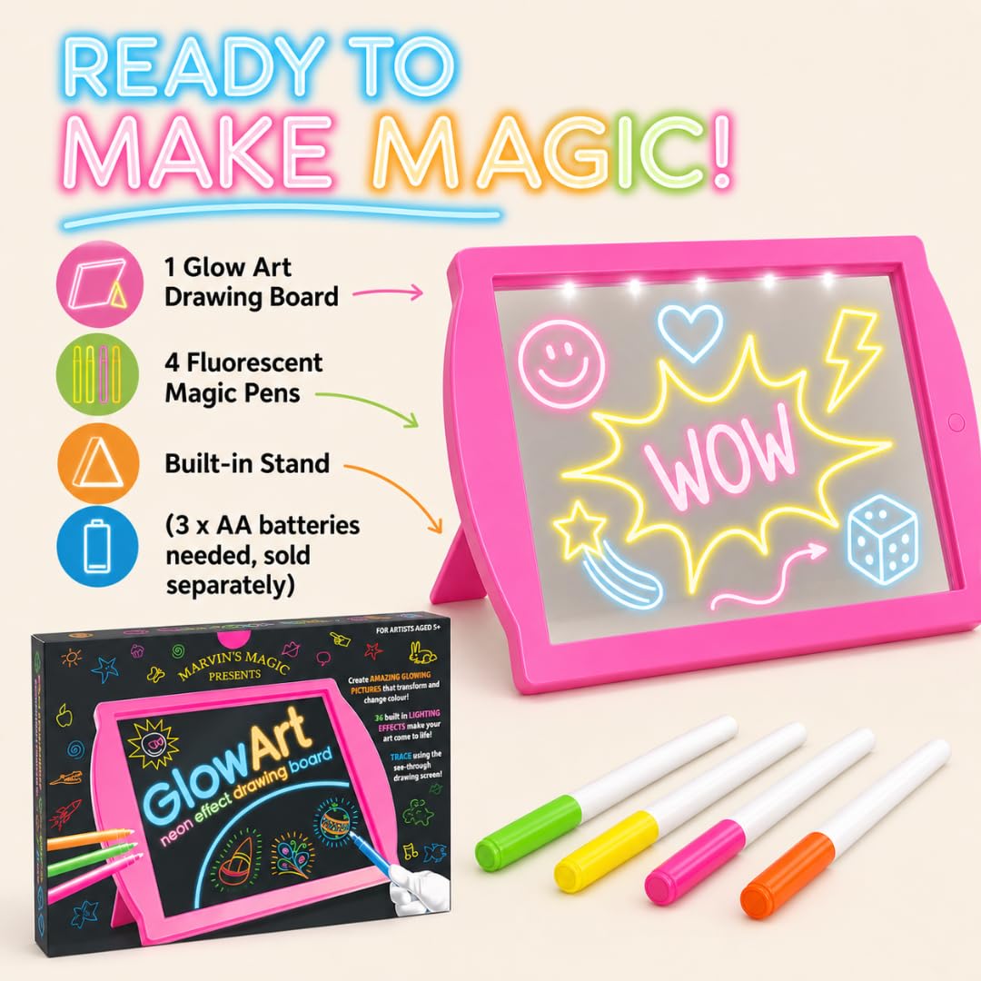 Marvin's Magic Niesamowity świecący tablet do rysowania dla dzieci - zestaw artystyczny dla dzieci - zawiera tablicę kreślarską z efektem neonu z wbudowanym stojakiem i 4 fluorescencyjnymi magicznymi