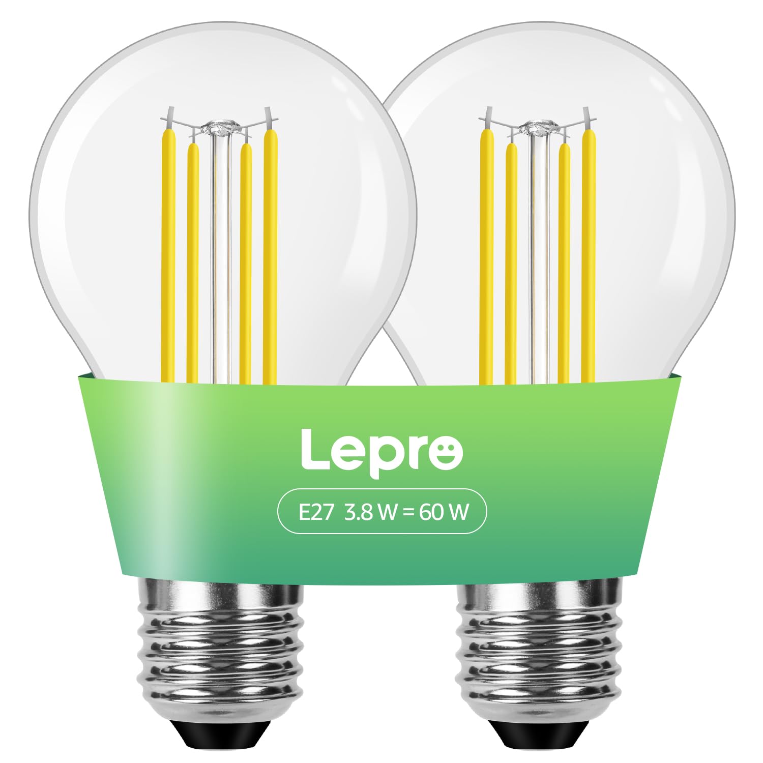 Lepro Warm White E27 Screw Bulb, A-Rated Ultra-Efficient Led Bulb, 3.8W = 60W, 806Lm, 2700K 50000H Lifespan, Clear Filament, Vintage Glass, Non-Dimmable, Pack Of 2