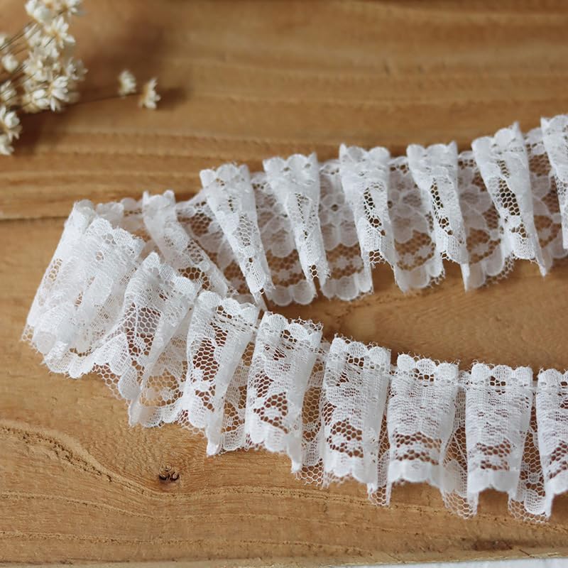 XlyCjkb Lace Trim，Pleated Chiffon Lace Edge Trim ，1M White Cotton Lace Collar 3D Lace for Sleeve Neckline Wedding Dress Material Handmade DIY Laces Pleated Lace Sewing Accessory, 3.3CM