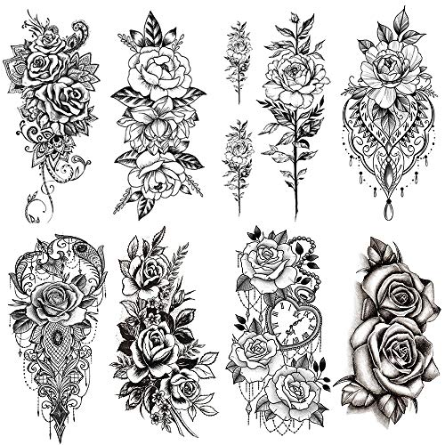 Yesallwas Sexy Rose Blume Temporare Tattoos Fur Frauen Madchen Wasserdicht Schwarz Gross Gefalschte Tattoo Aufkleber 3d Blute Lady Schulter Tattoos Diy Beine Sexy Armketten Amazon De Beauty