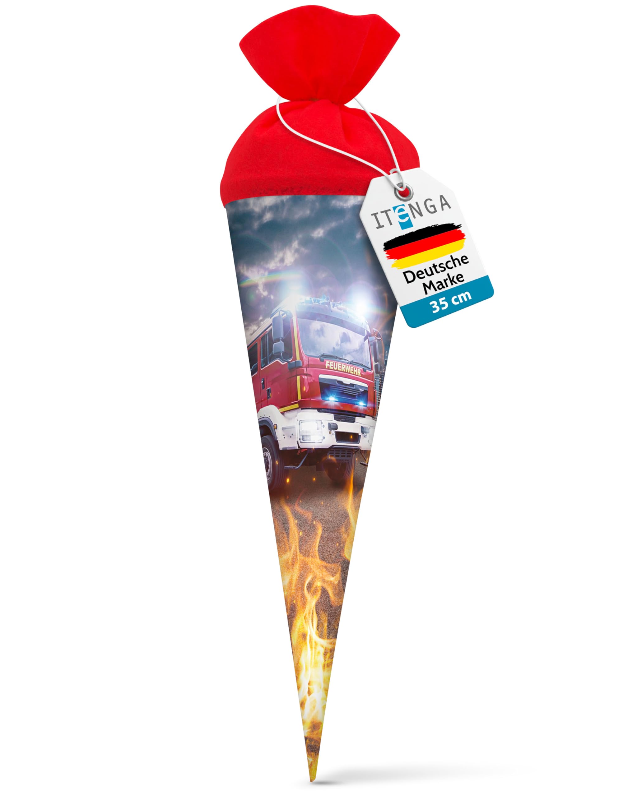 itenga Cucurucho escolar, diseño de bomberos, con cierre de fieltro, coche de bomberos y fuego, 35 cm