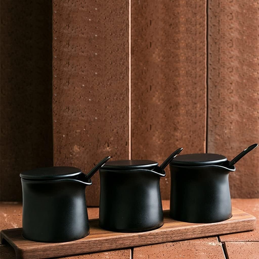 Set of 3 Ceramic Condiment Pots with Lids, Spoons, and Tray – Nordic Style Spice Jars for Kitchen Storage 200ml Each