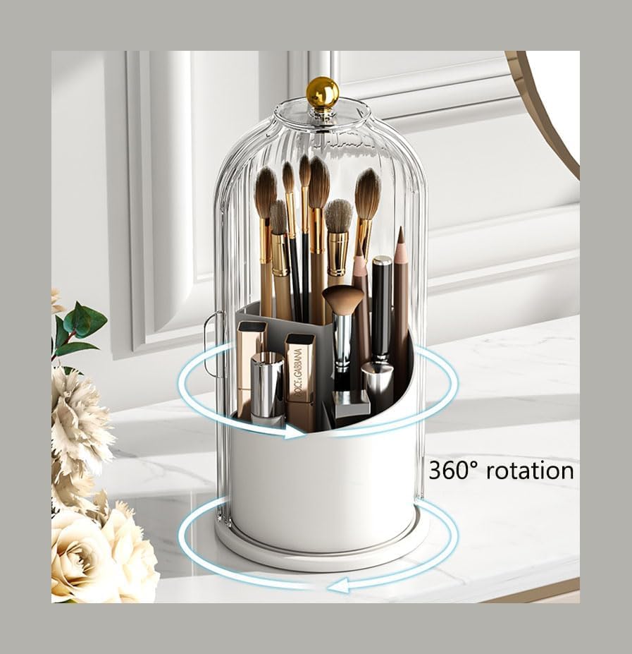 Image of 360Rotating Makeup Brushes holder with Lid，Make Up Organizers and Storage for Vanity Countertop or Bedroom Dresser (Transperent)