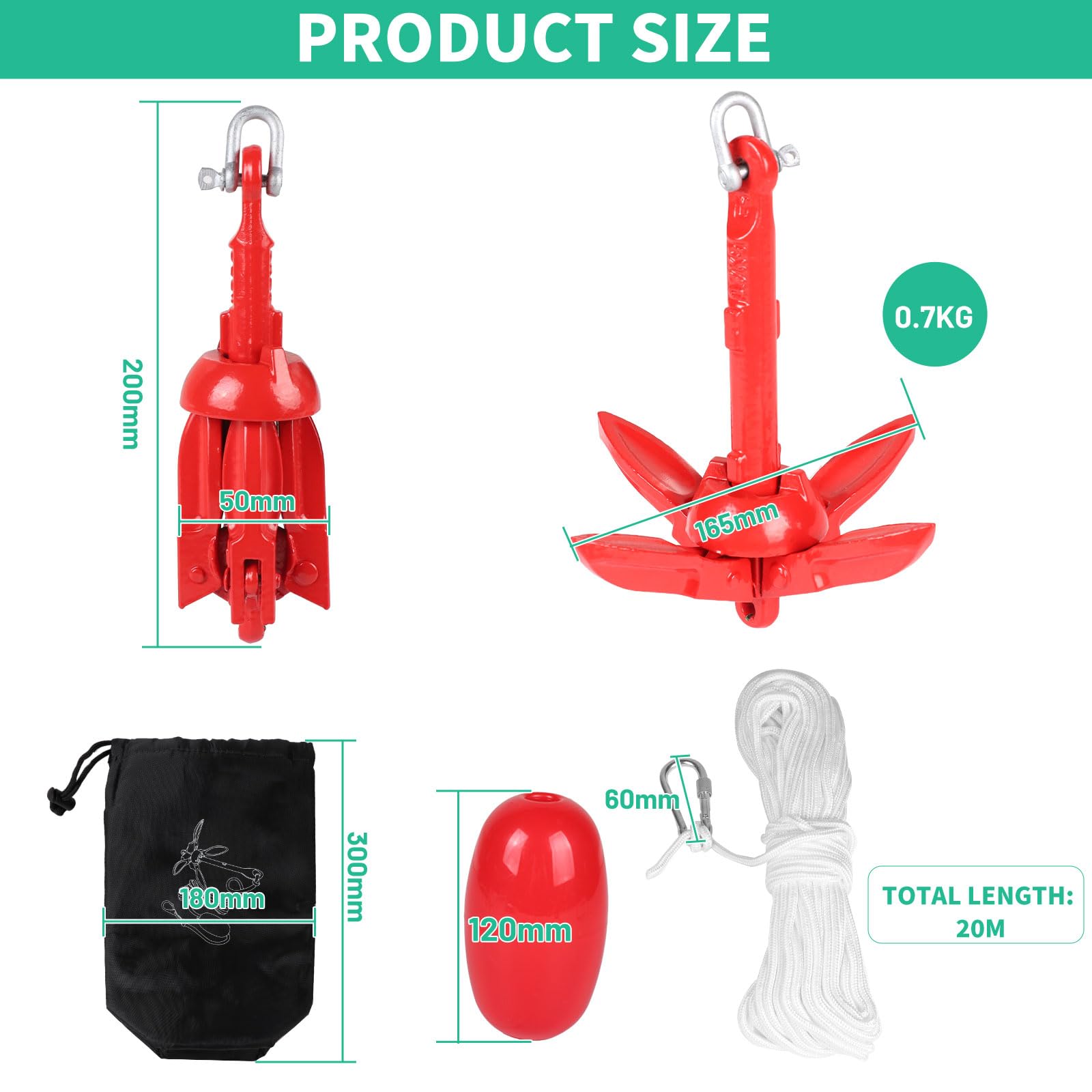 SWAWIS Anker Boot 0,7KG Bootsanker Bootszubehör Klappanker Sup Anker mit 20M Ankerleine Bojenkugel und Aufbewahrungstasche für Schlauchboot Belly Boot Tretboot Paddelboot, Rot