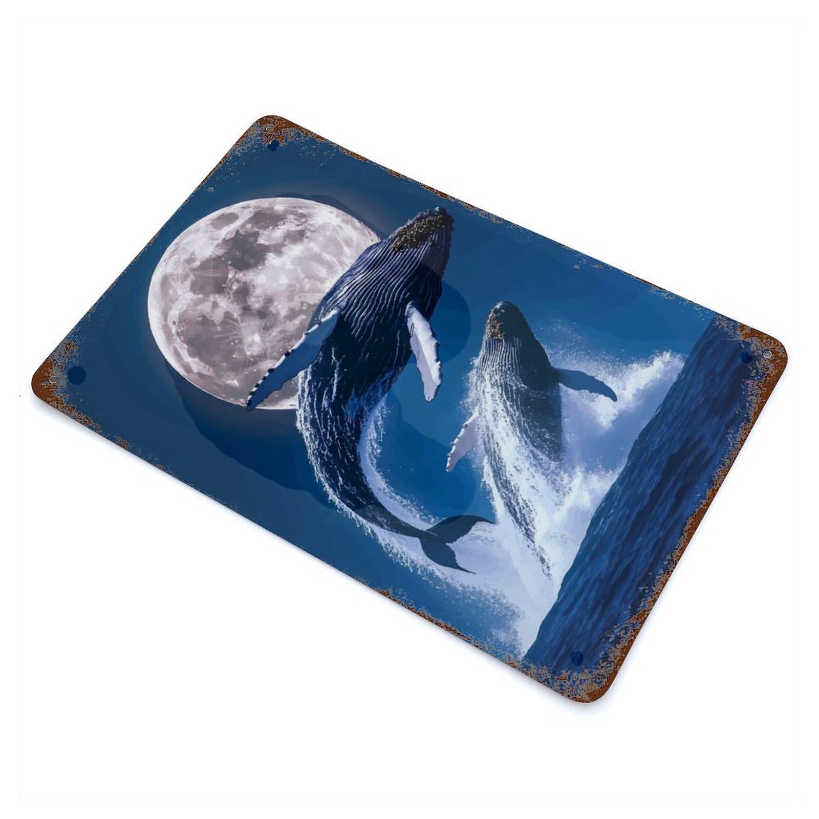 Rust Effect Whales Breaching Under The Moonlight Decorative Tin Sign 11.8"x7.9", Rustic Home Decor for Cafe, Home Bar And Lounge Decor