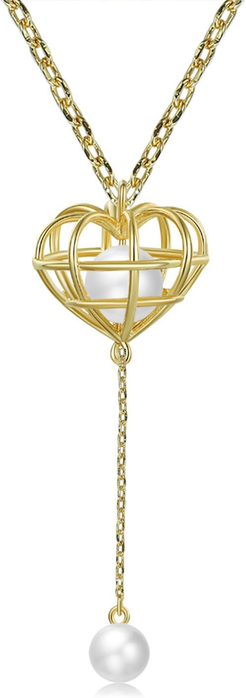 Fancilla for Women 14K Gold Plated 3D Heart Pendant Necklace with Simulated Pearls for Women Girls, 18"