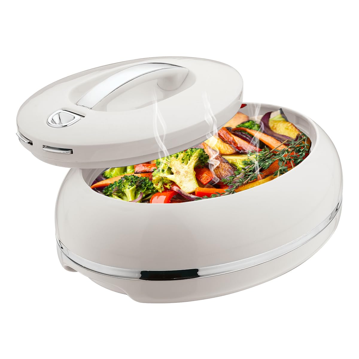 Elegante casseruola ovale isolata grande – coperchio aperto con una mano – 0,9 l – scaldavivande di lusso – ciotola termica per buffet/feste – contenitore per alimenti caldi in acciaio inox – argento