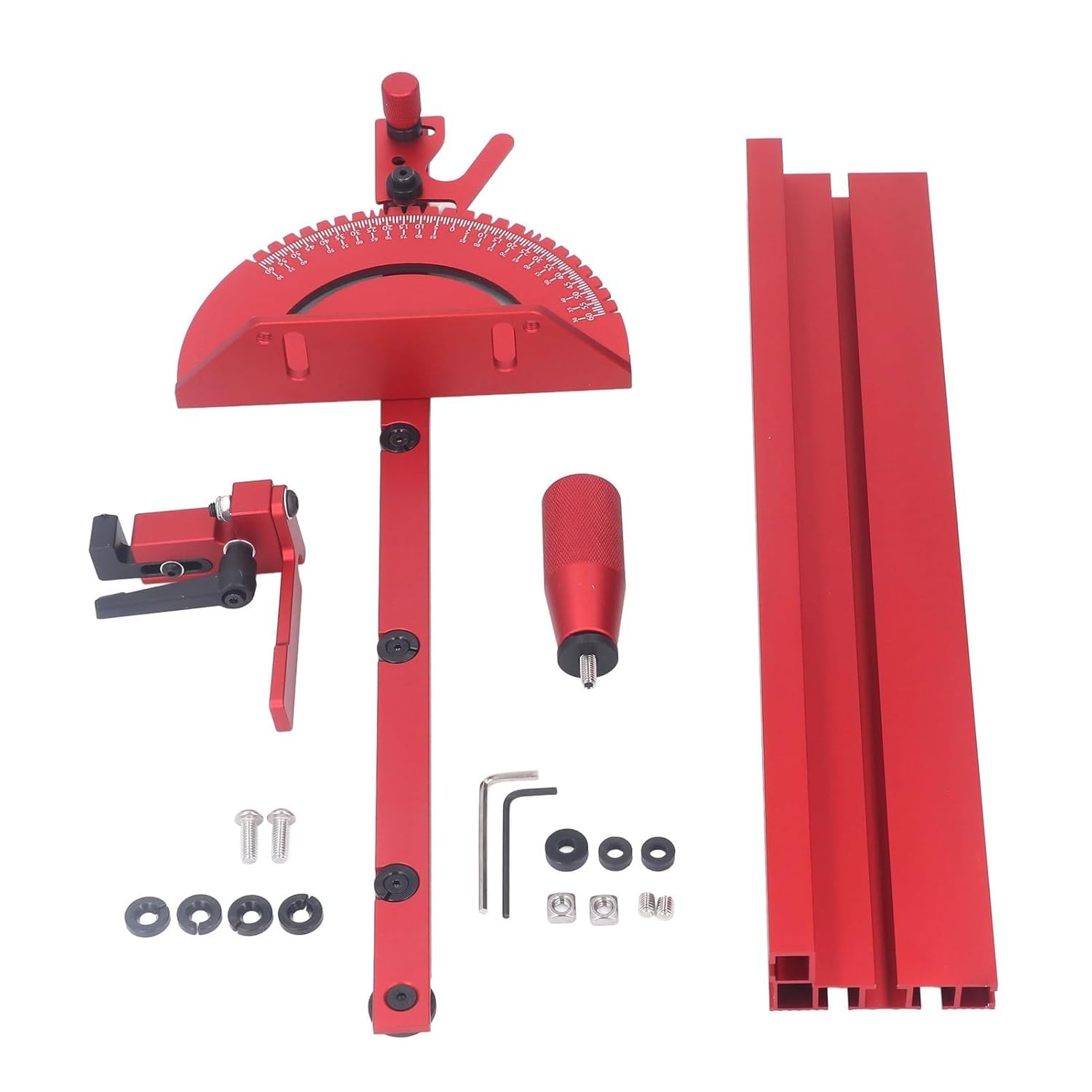 All components of the Fockety Precision Table Saw Miter Gauge System laid out on a white surface.
