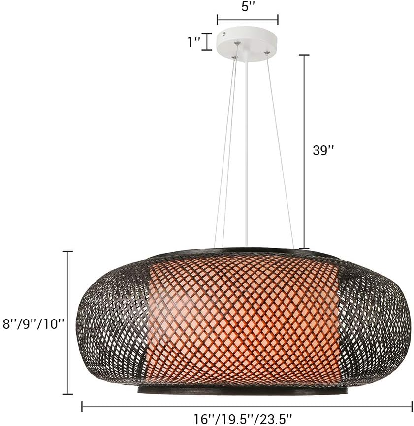 LITFAD Antique Lantern Pendant Lighting Rattan Single Light Weaving Natural Wooden Ceiling Hanging Light Beige Bamboo Ceiling Fixture with Adjustable Cord for Dining Room Living Room Restaurant - 16" - 
