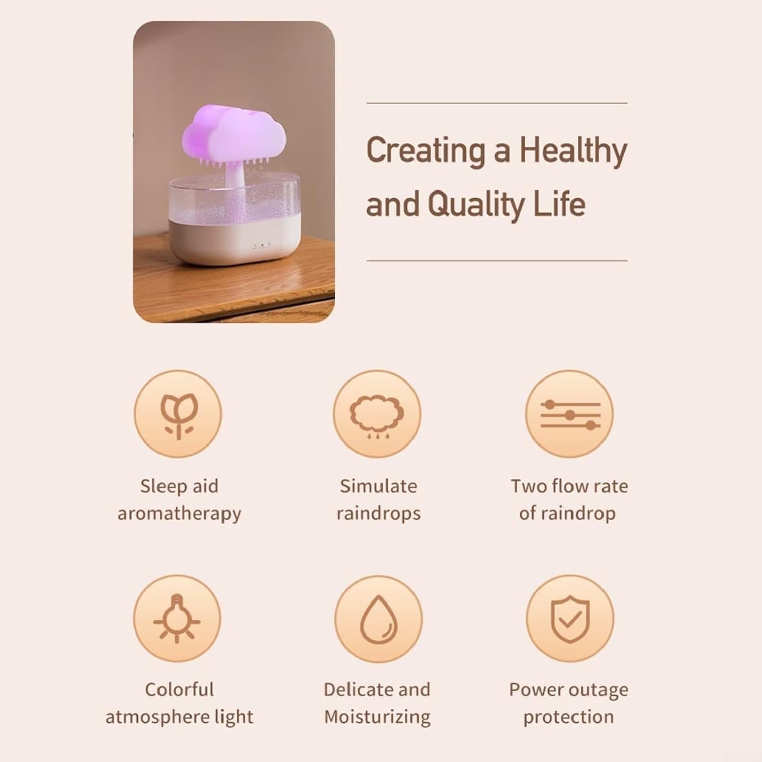 Domésticos Humidificador de luz Nocturna de Nube Estilo Lluvia, difusor de Aceite Esencial de atomización Delicada sin protección contra Fallos de energía de Agua(Bianco)
