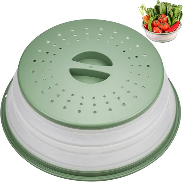 Foldable Microwave Oven Plate Cover,Vented Collapsible Food Plates Cover,Drainer Basket,Dishwasher-Safe,BPA Free,Kitchen Plate Dish Lid with Holes for HangingGreen