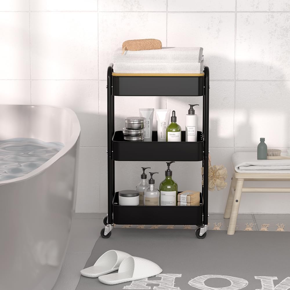 3 Tier Metal Utility Cart, Rolling Storage Cart with Wooden Tabletop, Metal Organizer Cart with Lockable Wheels for Office, Bedroom, Kitchen and Living Room (Black)