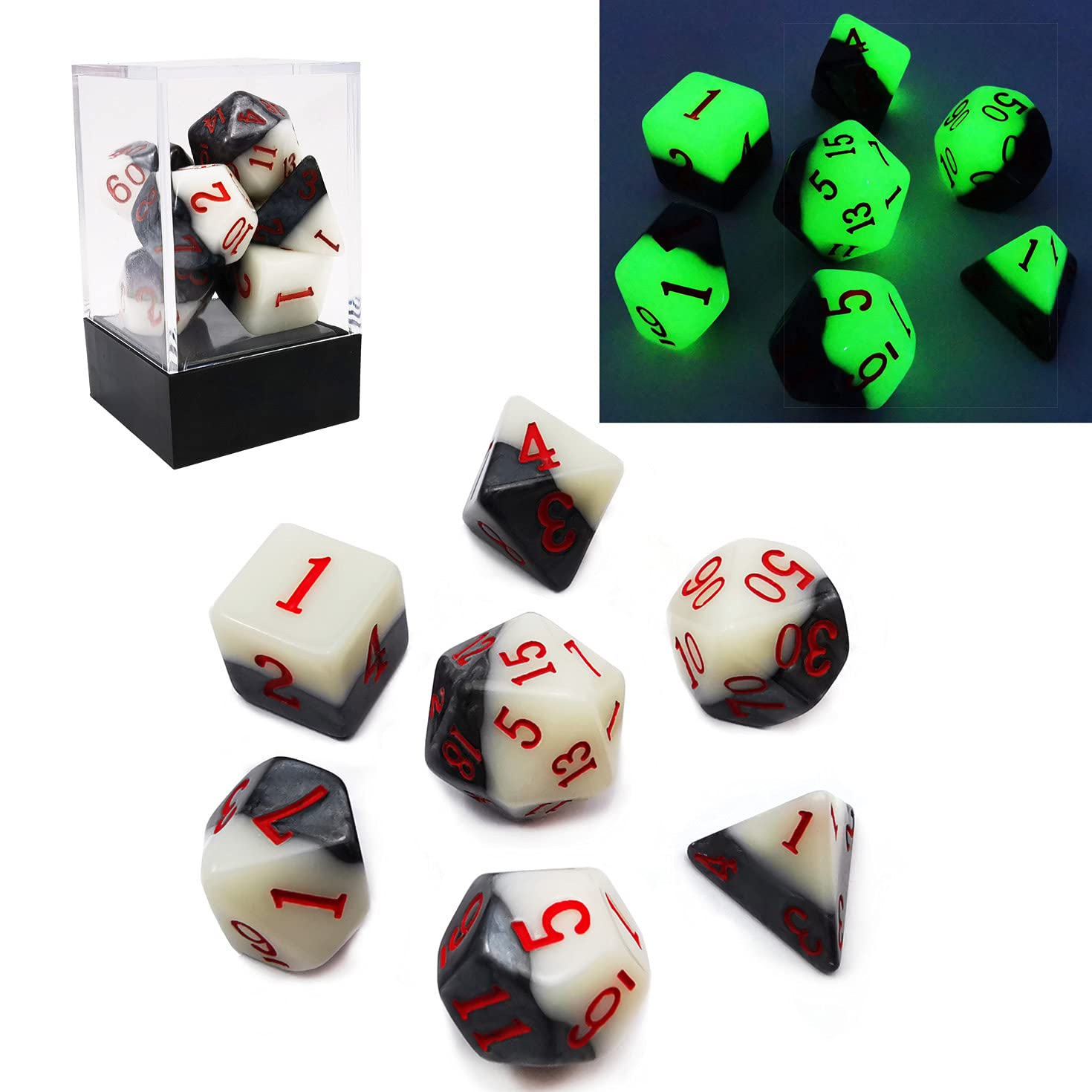 Bescon Two-tone Glowing Polyhedral Dice 7pcs Set Green Dawn, Luminous RPG Dice Set d4 d6 d8 d10 d12 d20 d%, Brick Box Packaging - Image 2