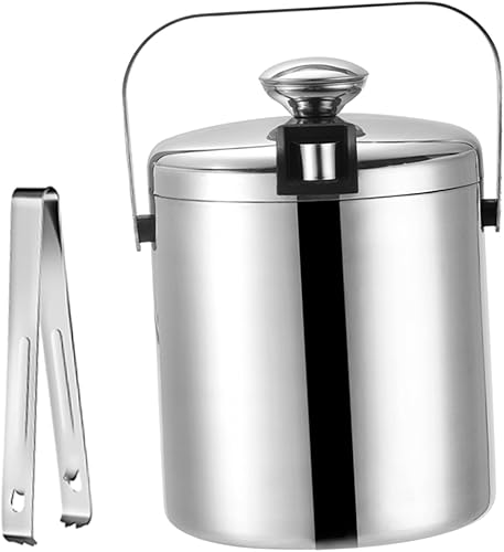 Hemoton Cubo de hielo de acero inoxidable con pinzas de tapa y colador, barril de hielo de doble pared de 1.3 L, cubo de hielo aislado, soporte para