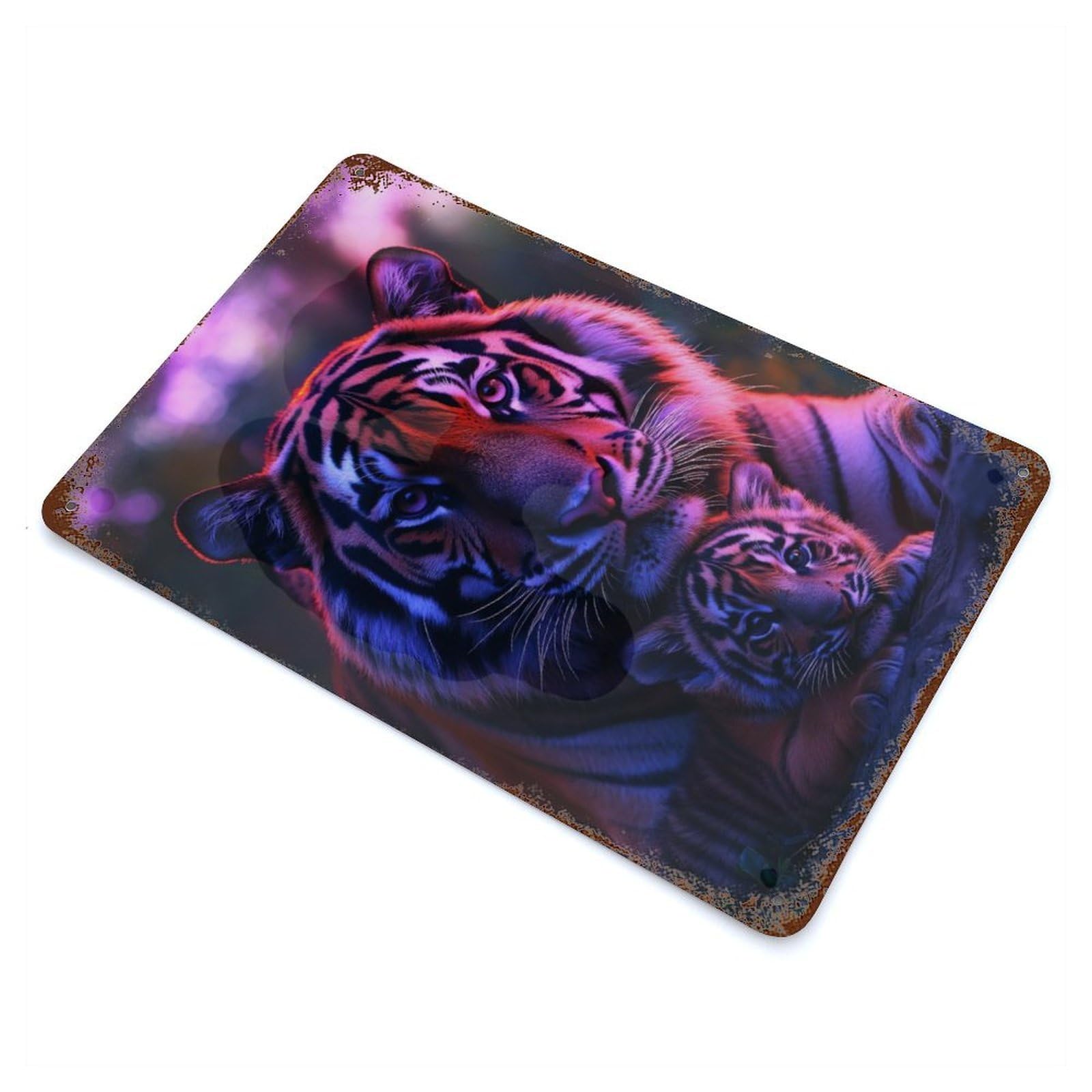 Rustic Tin Plaque Tiger Cub And Mother 11.8"x7.9", Vintage Wall Decor for Pub, Kitchen And Man Cave Decor