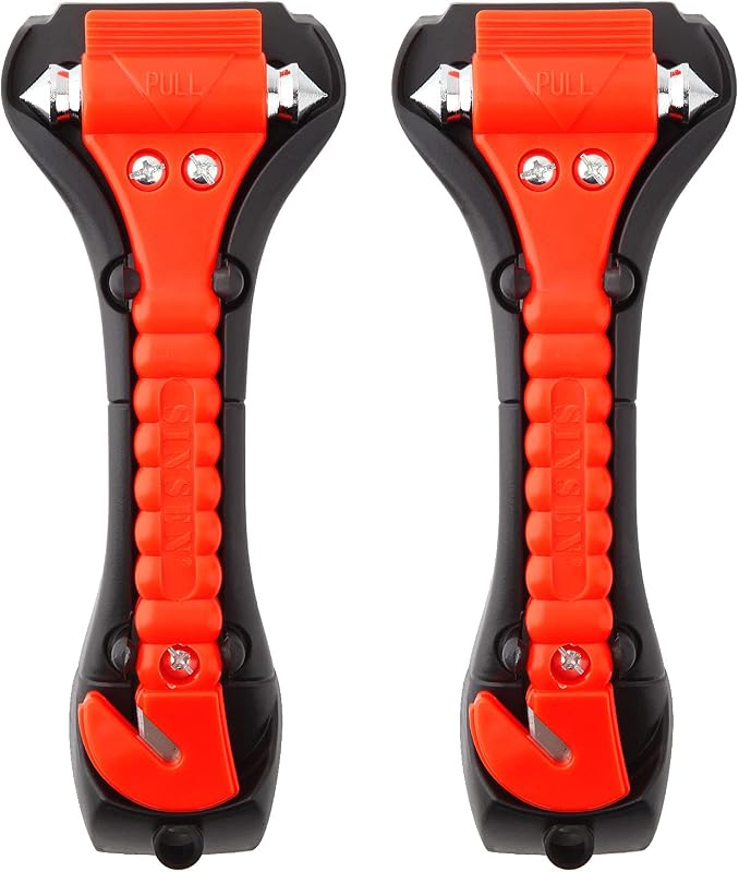 SINSEN Martillo de seguridad para automóvil, juego de 2 herramientas de escape de emergencia, martillo para vidrio de ventana de automóvil y cortador de cinturón de seguridad, escape 2 en 1 para herramientas de rescate familiar y escape de emergencia automático