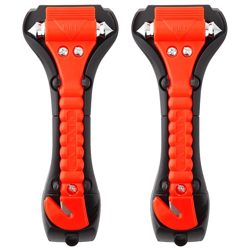 SINSEN Kit com 2 Martelos de Emergência Automotiva com Quebra-Vidro e Cortador de Cinto SA09F Vermelho Clássico