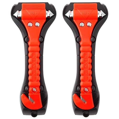 SINSEN Car Safety Hammer Set of 2 Emergency Escape Tool Auto Car Window Glass Hammer Breaker and Seat Belt Cutter Escape 2-in-1 for Family Rescue & Auto Emergency Escape Tools - Classic Red - 2 Pack