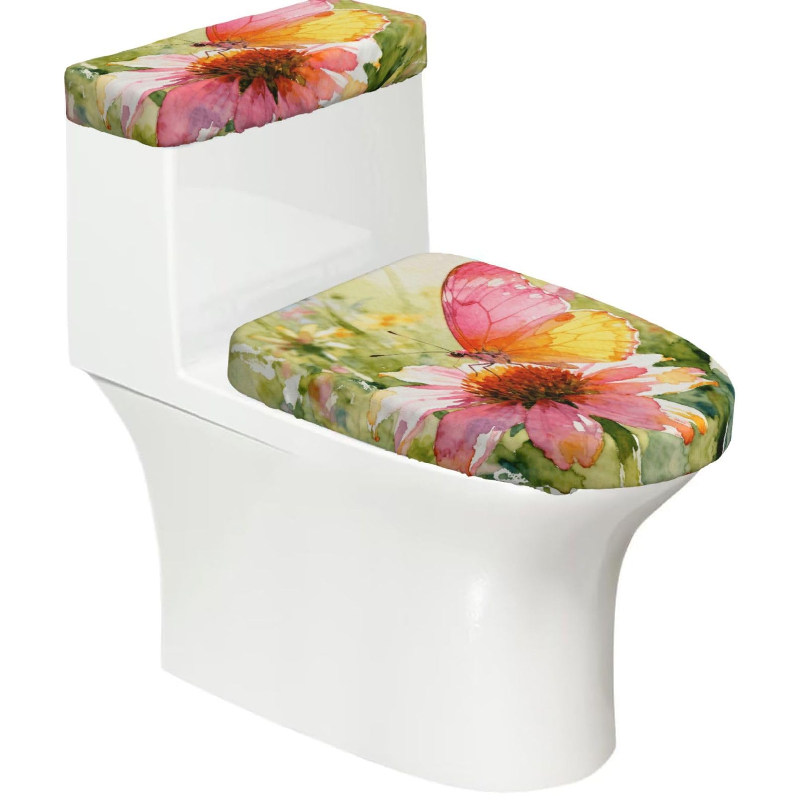 Cntdbu Black Butterflies And Wildflowers Elastic Toilet Cover Set Of 2-Stretchy Lid And Tank Covers For Bathroom, Soft Washable U Shape Toilet Decor