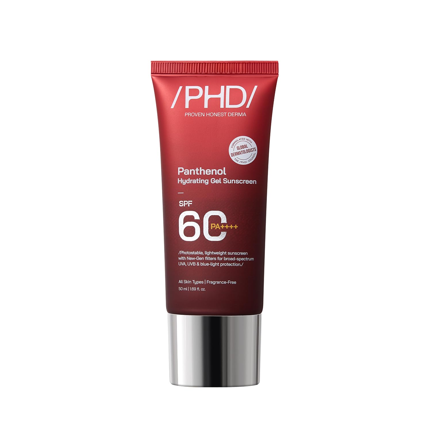 /PHD/ Panthenol Hydrating Gel Sunscreen SPF 60 PA++++ | Lightweight, Non-Greasy & Hydrating Formula | Broad Spectrum UVA UVB Protection | No White Cast | Daily Use Face Sunscreen for All Skin Types | 50ml