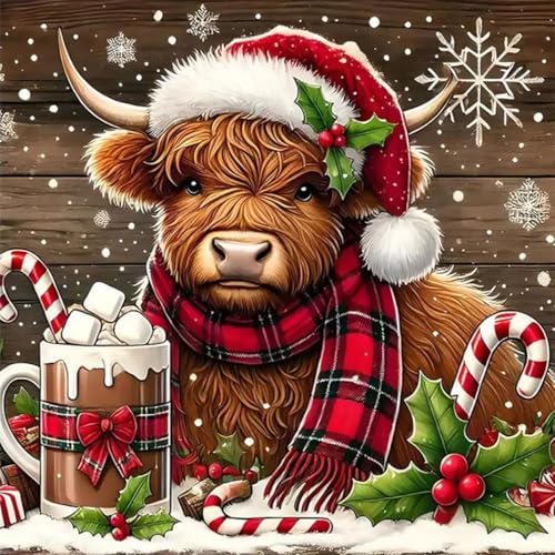 Christmas Diamond Art Kits for Adults, Christmas Highland Cow Diamond Painting Kits for Adults Beginners, 5D DIY Full Drill Round Rhinestone Gem Art Crafts Paintings for Home Wall Decor 12x12 inch