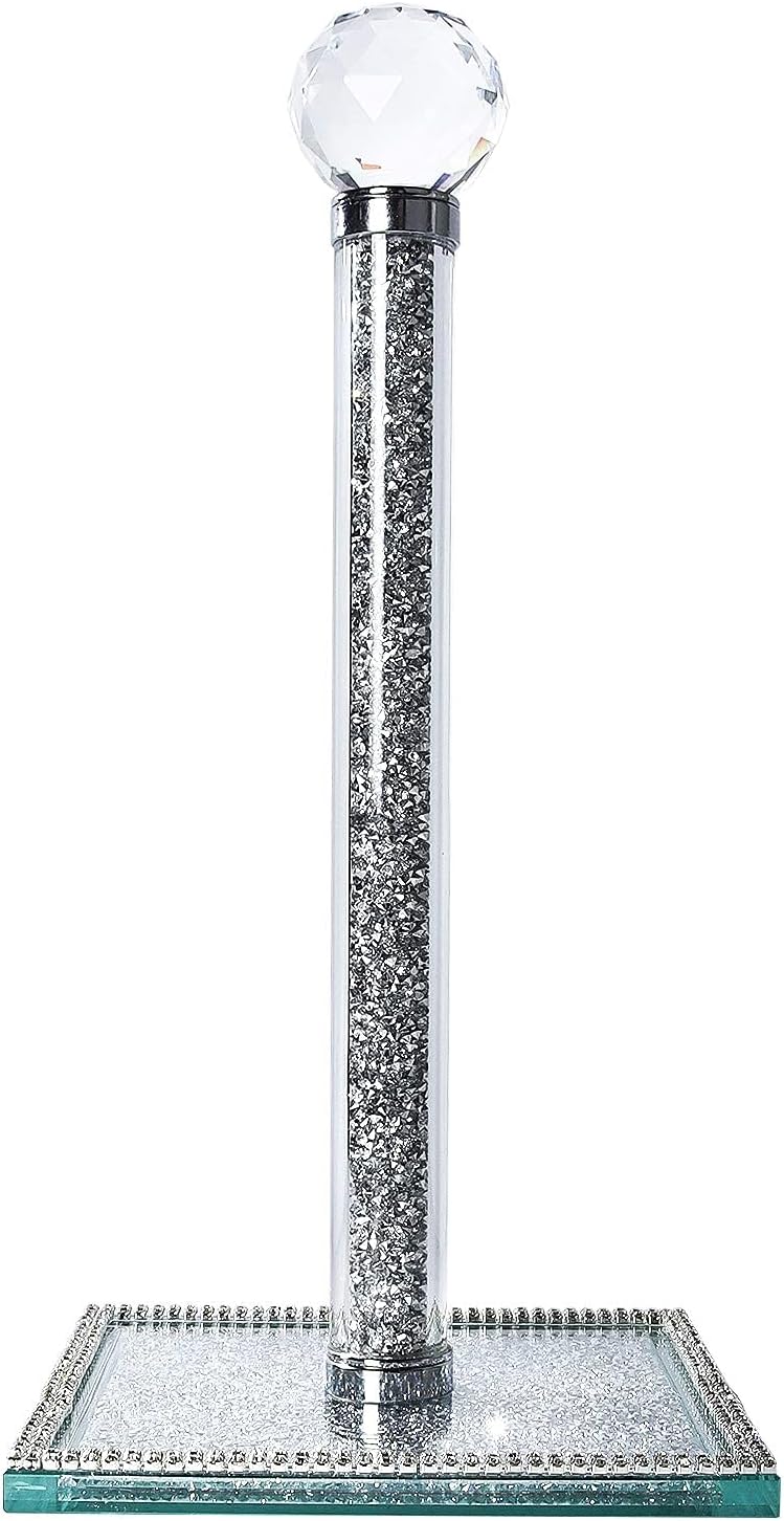 Paper Towel Holder Stand, Silver Countertop Paper Towel Roll Dispenser Holders with Square Base,Tissue Holder Filled with Sparkly Crystal Crushed Diamond House Decor for Kitchen Bathroom, Heavy Weight