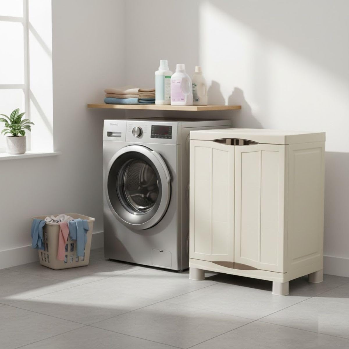 Intec – Armario bajo exterior interior beige 2 puertas 2 estantes 70 x 47 x 97 cm – pequeño mueble de almacenamiento carga 50 kg Max Garage Lavandería Terraza jardín