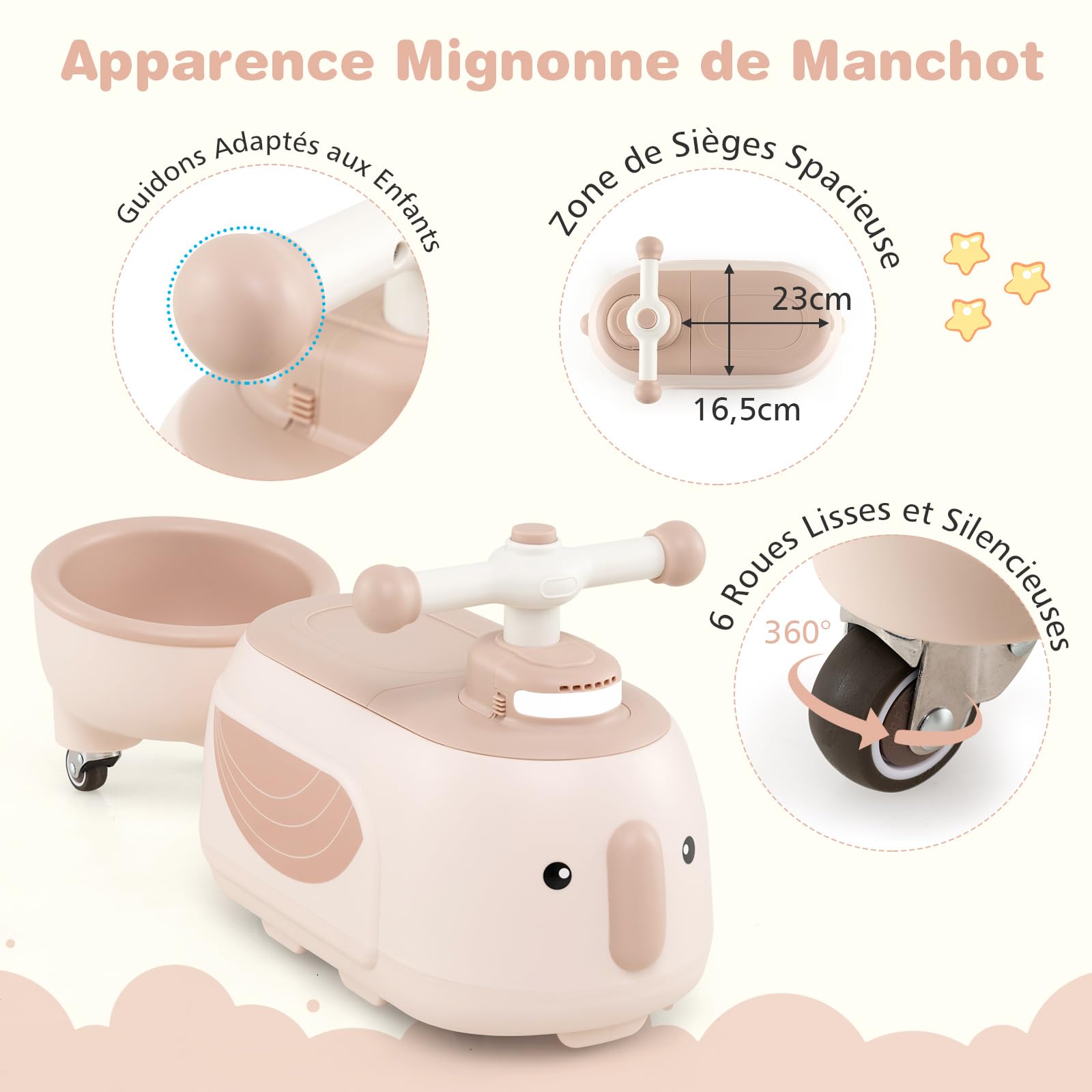 COSTWAY Porteur Enfant avec Remorque Amovible & Lumière & 5 Chansons, Voiture à Pousser Bébé avec Forme Pingouin & 6 Roues, Espace Caché & Poignées Arrondies, Charge 25kg pour 12 Mois+ (Rose)