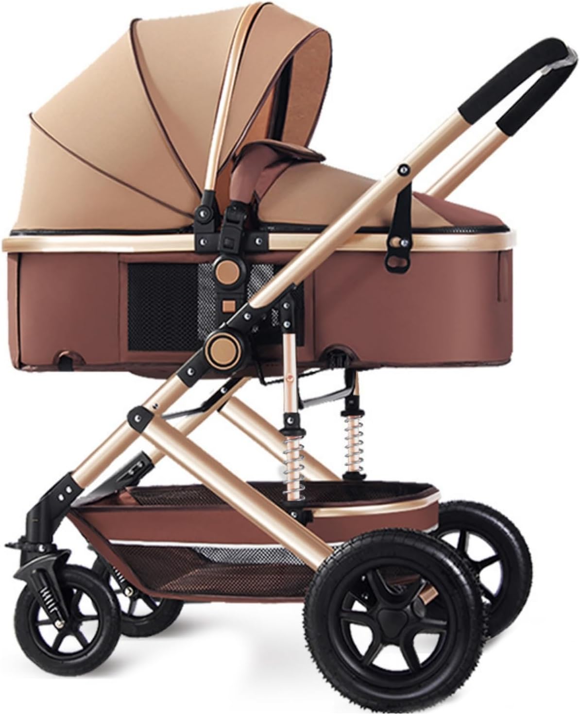 Baby Stroller with High View,Double Push Rod Cans Sit and Lie Down Foldable,Four-wheel Rubber Strong Shock Absorption,Large Space,Durable Suitable for Baby 0-3 Years (Brown)