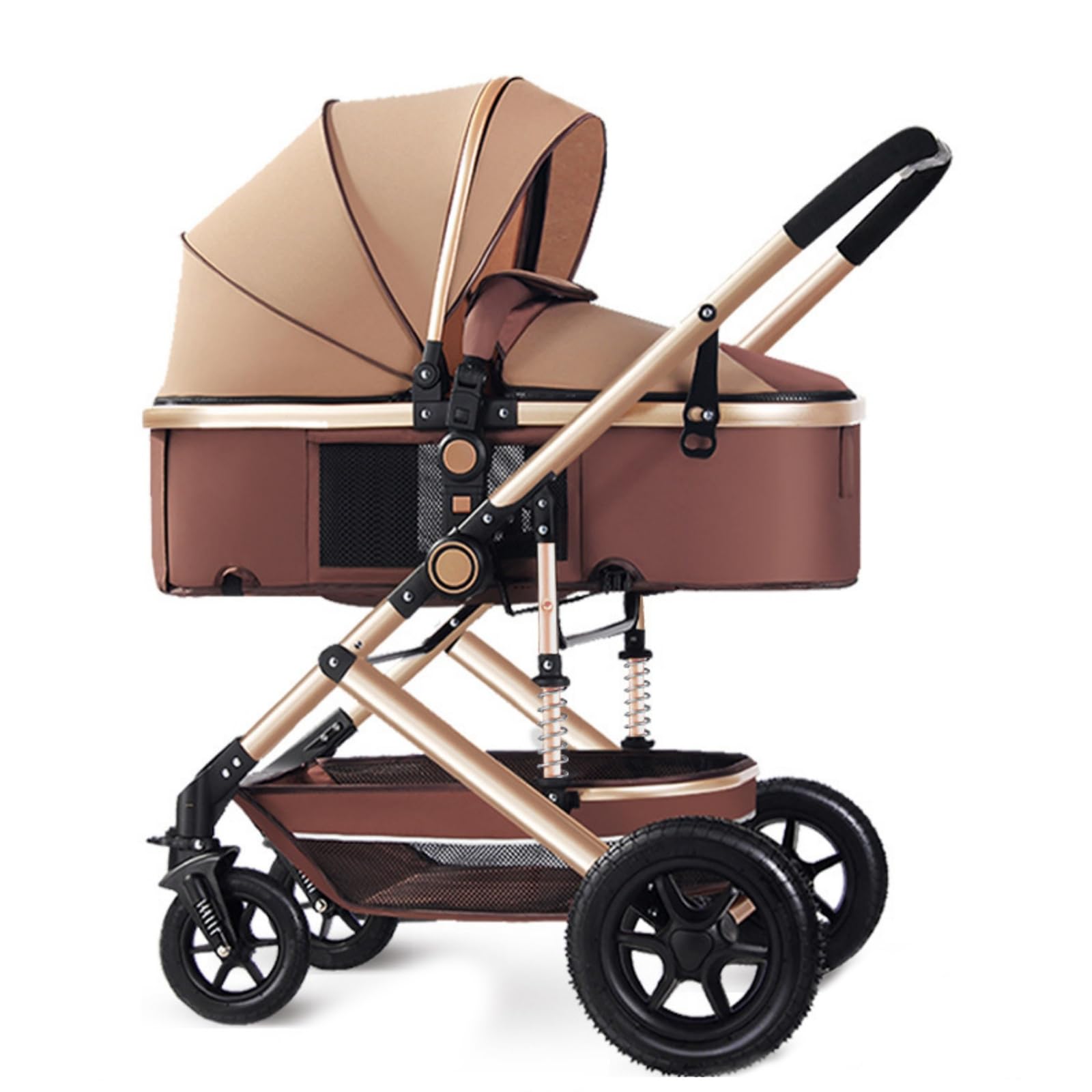 Baby Stroller with High View,Double Push Rod Cans Sit and Lie Down Foldable,Four-wheel Rubber Strong Shock Absorption,Large Space,Durable Suitable for Baby 0-3 Years (Brown)