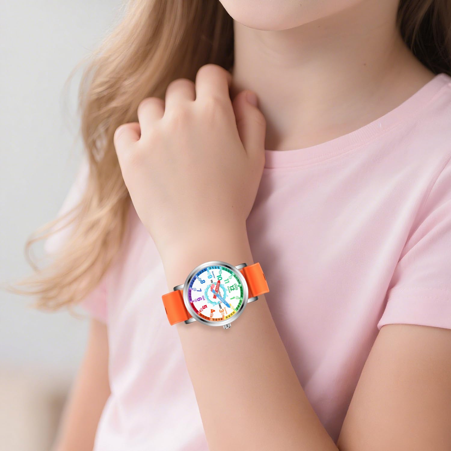 Analoge Kinderuhr, Lernuhr für Kinder von 8–12 Jahren, rosa süßer Wal, wasserdichte Kinderuhren für Jungen im Alter von 5–7, 6–8, Mädchen-Uhren, orangefarbenes Armband