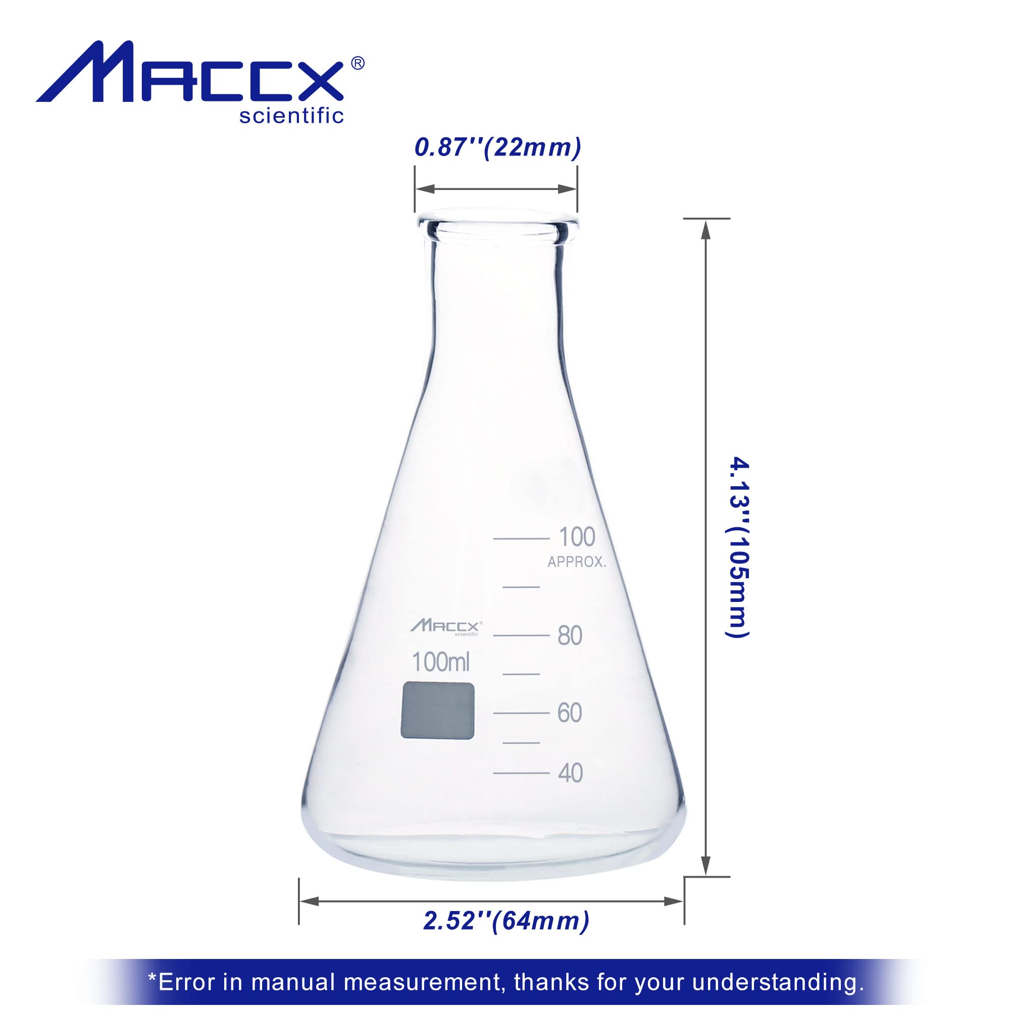 Frasco Erlenmeyer de vidrio resistente de boca estrecha de 3.3 onzas (100 ml) con graduación impresa, paquete de 6, EFN100-006