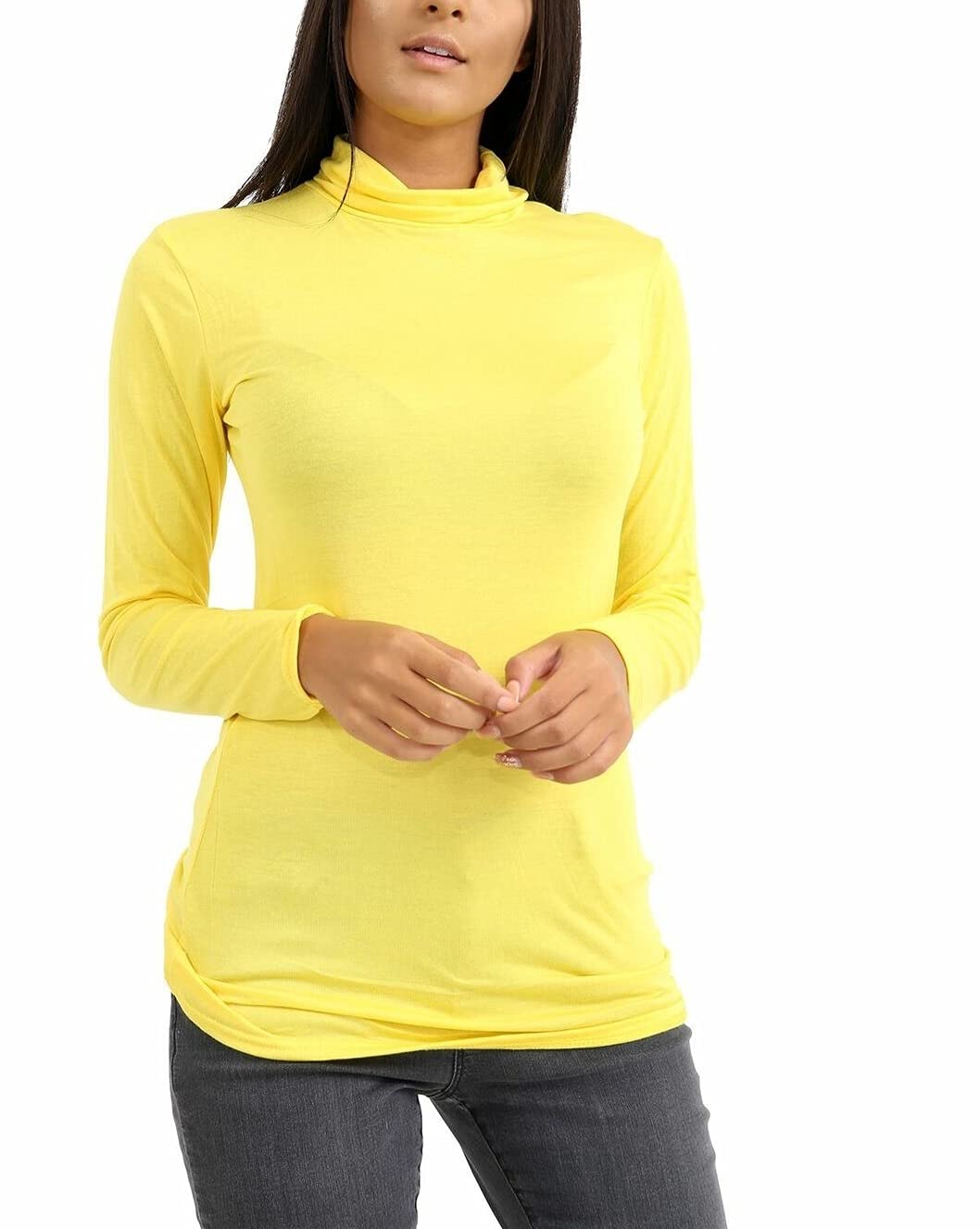 Ladies Women Basic Long Sleeve Plain Polo Turtle Neck Ladies Stretch Plus Size Top T Shirt (Yellow, 3XL)