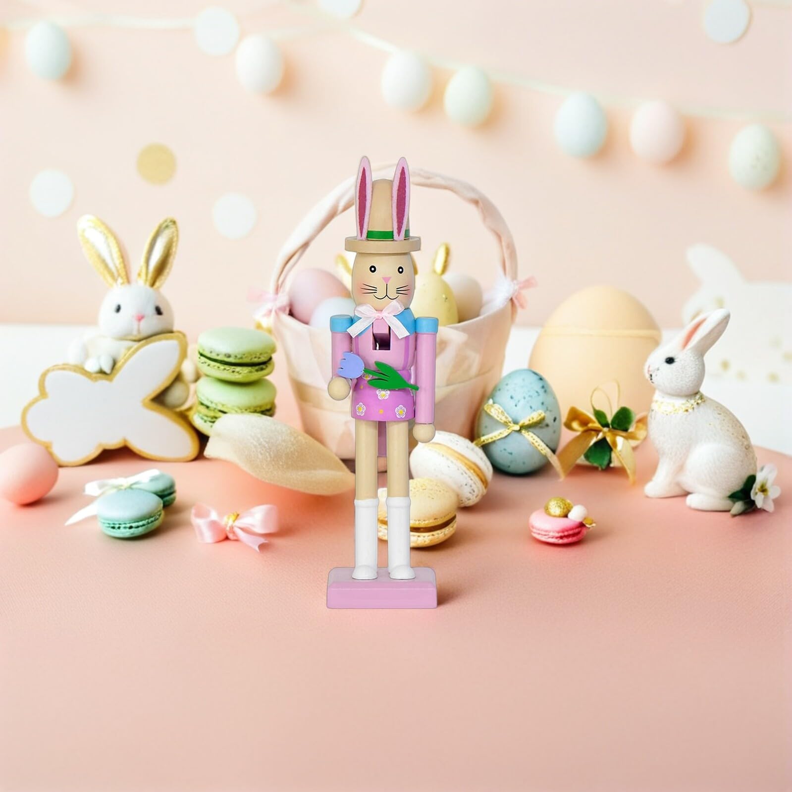 Mikikit 2 Stück Osterhasen Nussknacker aus Massivholz Stehende Hasenfigur mit Handbemalten Details Holzdeko für Ostertisch und Kaminsims