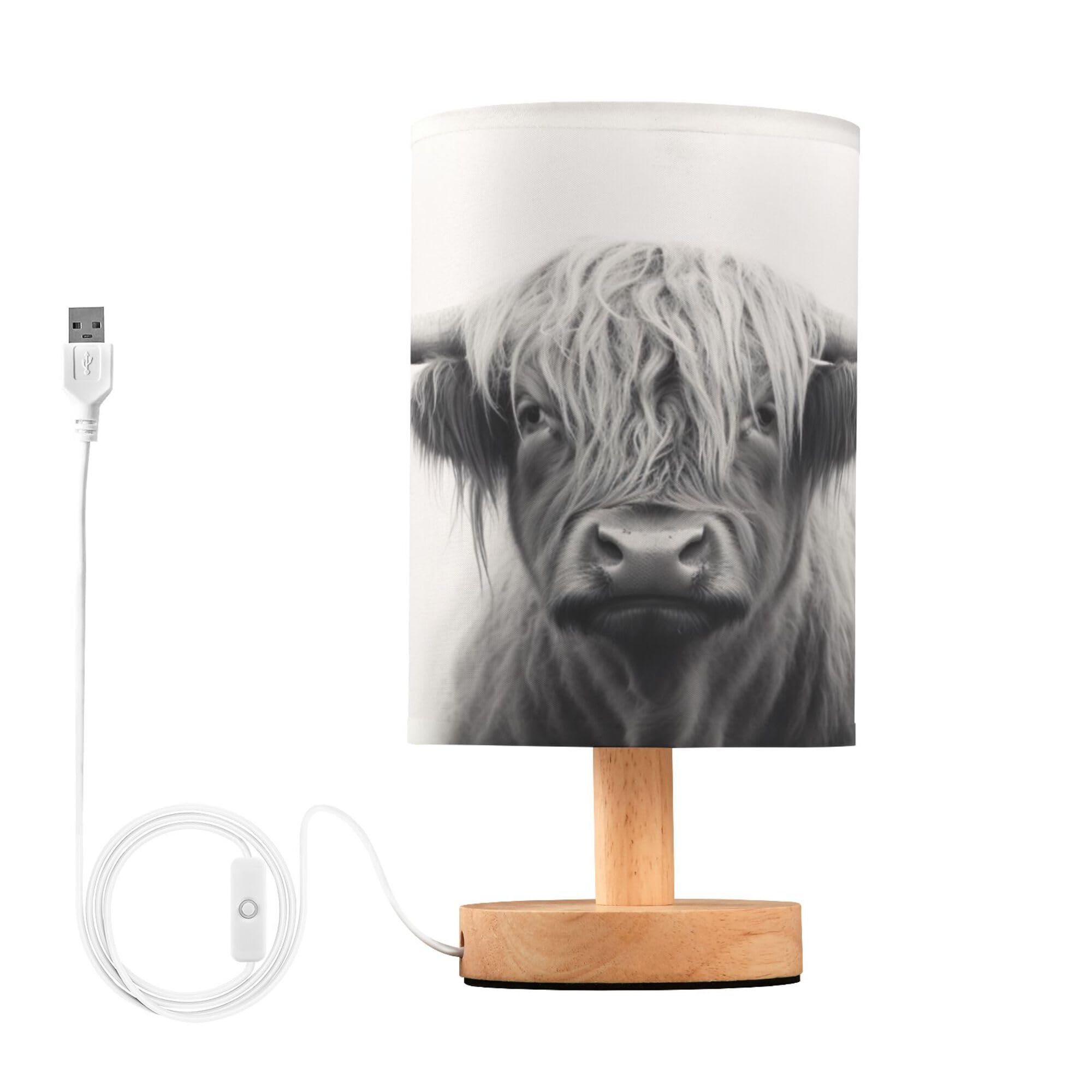 Qilmy Highland Cow Bedside Table Lamp with LED Light Included, Button Switch Control for Bedroom Nightstand Lamp with USB Ports for Living Room