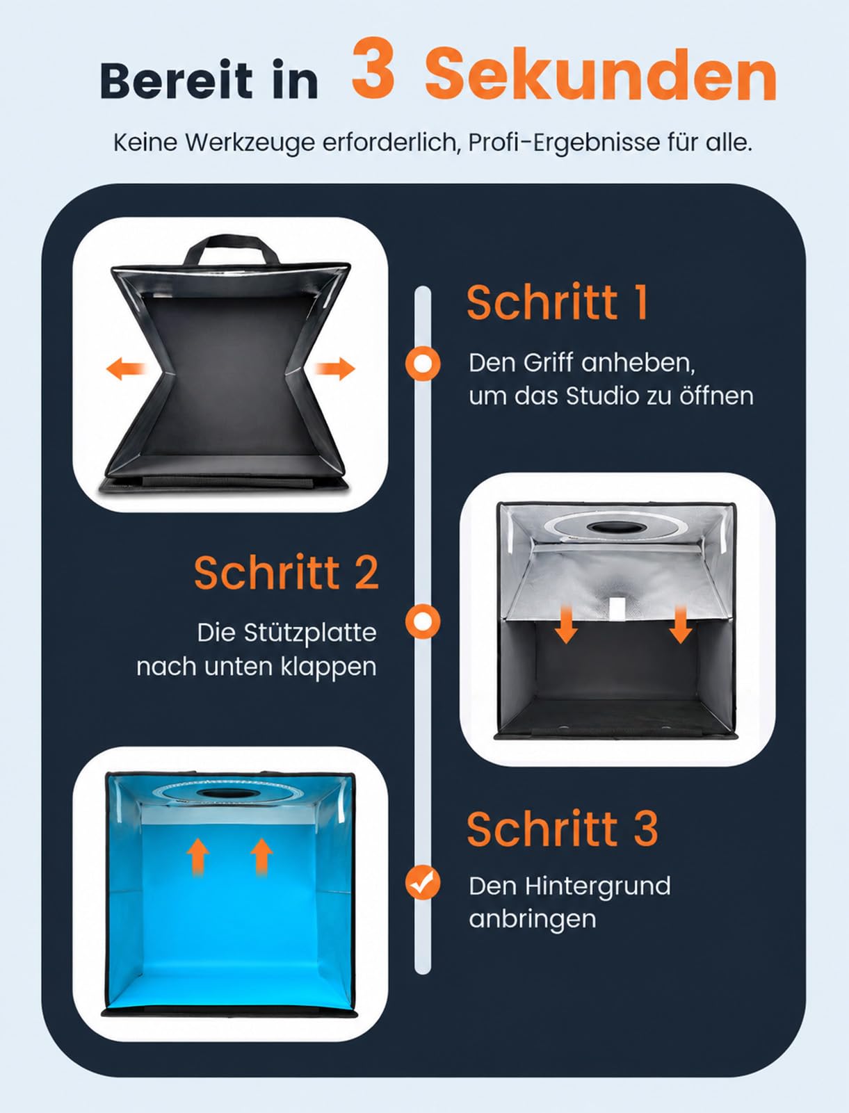 DUCLUS Fotobox 40x40 cm Faltbare Fotostudio, 5500K Dimmbare Lichtzelt Set mit 160 LED Beleuchtung und 8 Produktfotografie Hintergründe