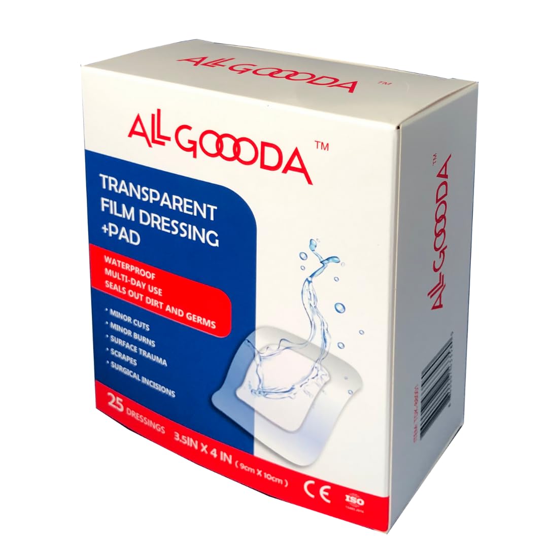 ALL GOOODA Transparent Film Dressing 3.5”x4” (25 Pack) + Absorbent Pad, Waterproof Bacterial Barrier, IV Adhesive Bandages, Tattoo Aftercare, Wound
