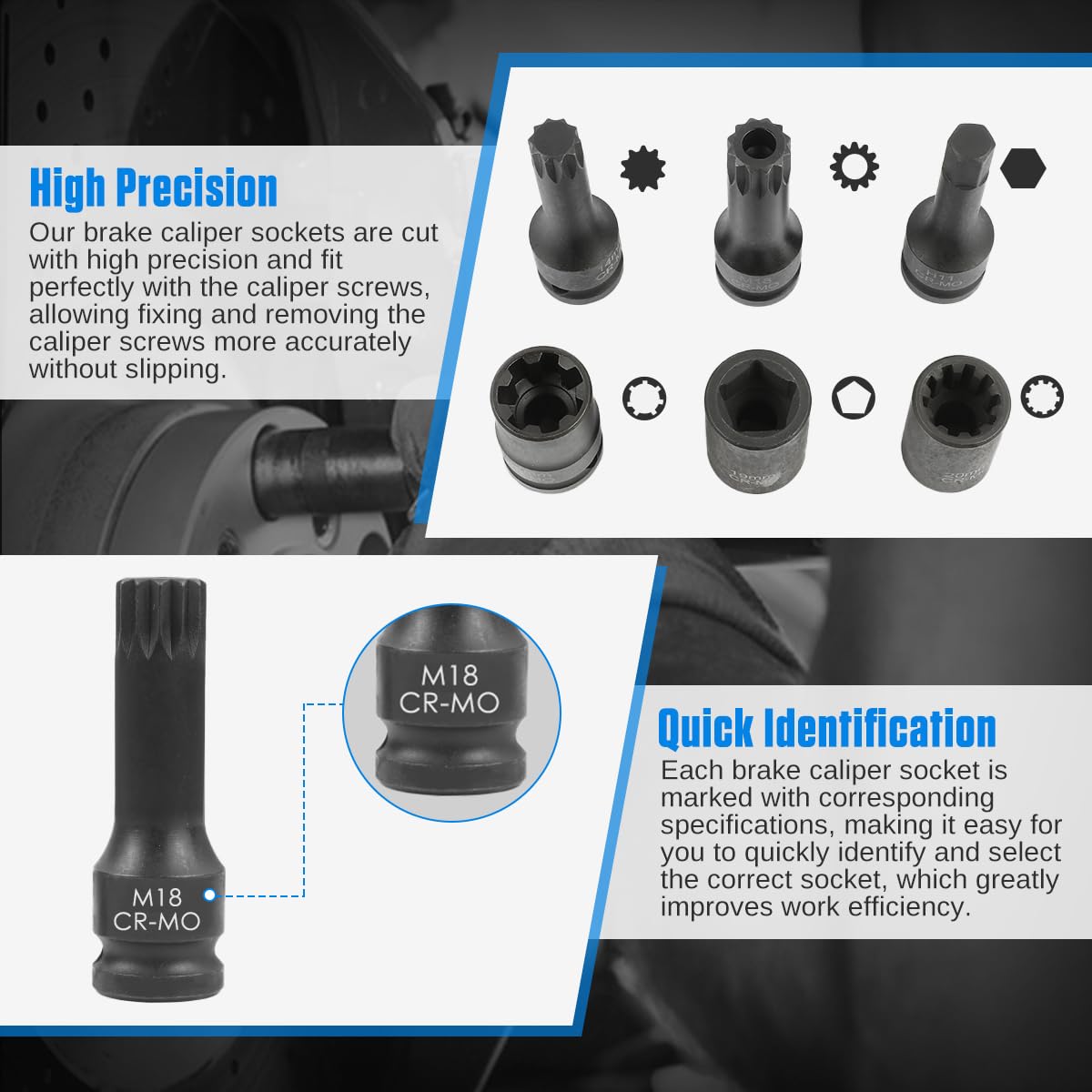 Brake Caliper Socket Set 16PCS Impact Brake Caliper Special Socket Kit 12 Square Drive Brake Caliper Tool 5pt 7pt 10pt M14 M18 & Hex Sockets Compatible for AudiVWFordPorscheBenzBMWMazda product thumbnail 7