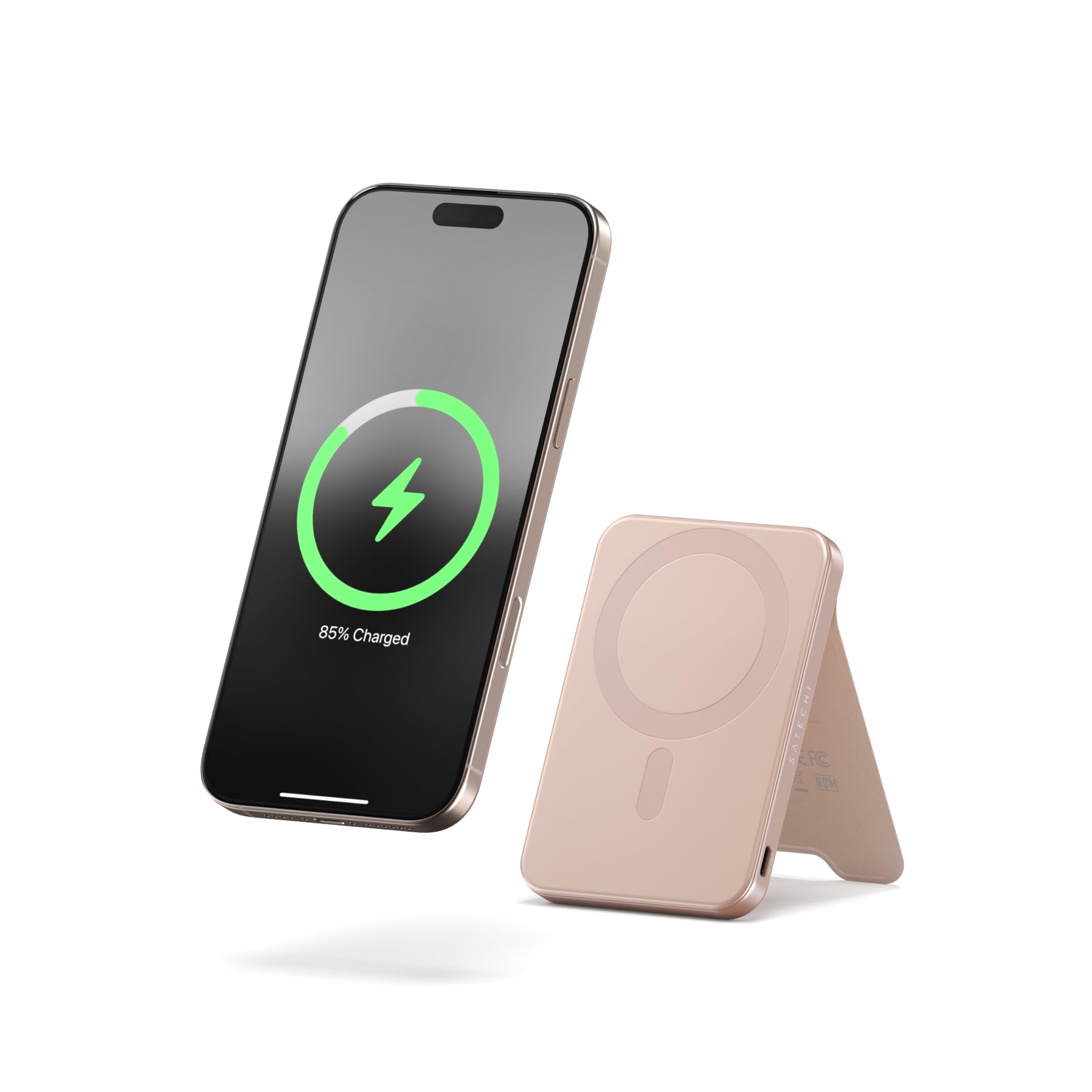 SATECHI OntheGo Power Bank MagSafe 5000mAh, Qi2, Supporto Integrato, Rosa | Ricarica wireless rapida 15W per iPhone e Android, compatibile con iPhone 17-12 e altro