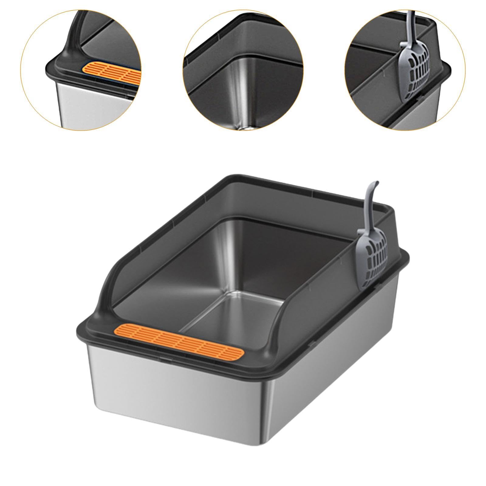 Katzenklo Edelstahl Katzenstreu Litter Pan mit Abnehmbarem Rahmen Katzen Toilette Katzen Sandkasten rutschfeste Matte für Kätzchen Große Katzen Und in, Schwarz