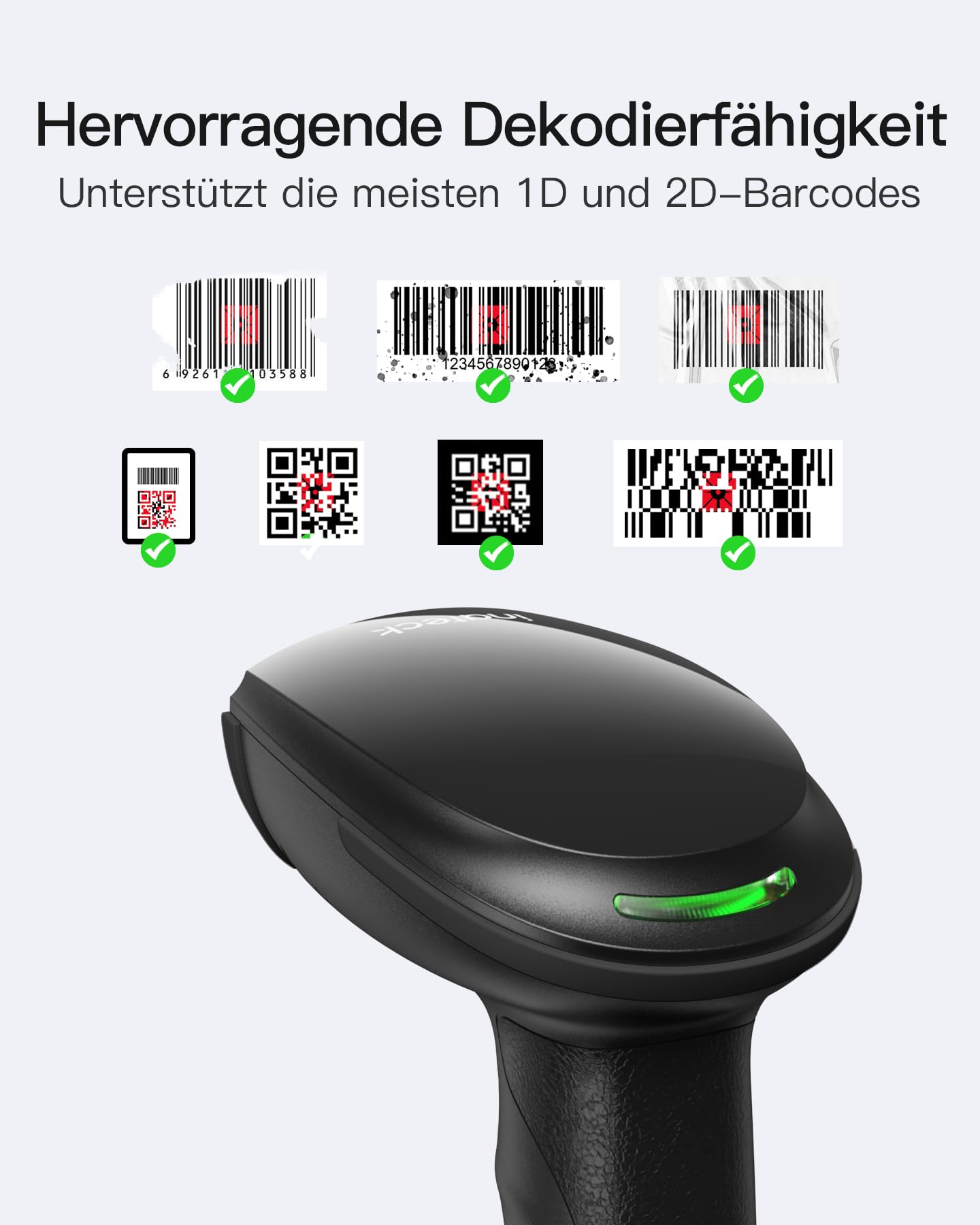 Inateck Barcode Scanner Kabellos, 1D 2D QR Code Scanner, BCST-23 Dunkelgrau | 3-in-1 mit Bluetooth, 2,4 GHz und USB Kabel, Bildschirm-Scannen Unterstützt, 2600mAh für 3 Monate Standby, mit APP und SDK
