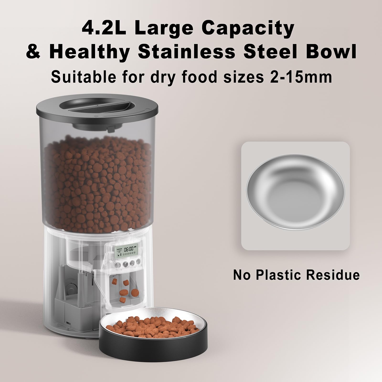 Automatic Cat Feeder 4.2L,6 Meals/Day,Dual Power Portion Control Feeder,Dry Pet Food Auto Dispenser,Timer Setting,10S Voice Record (Transparent Black, Stainless Steel Bowl) - image 6