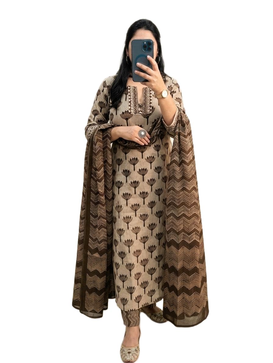 Women's Cotton A-Line Printed Straight Kurta and Pant with Dupatta Set-picture-47