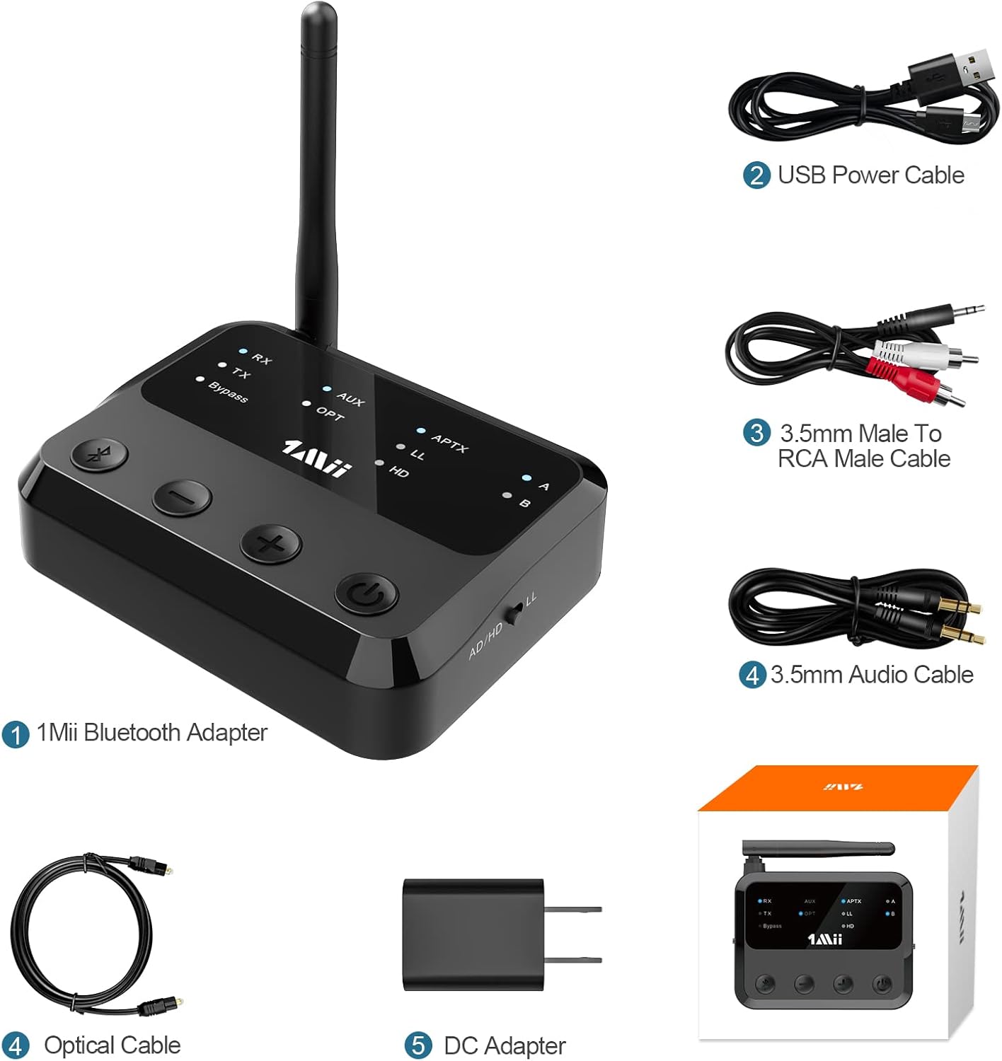 1Mii B310Pro Bluetooth adapter and included accessories: USB power cable, 3.5mm to RCA cable, 3.5mm audio cable, optical cable, and DC adapter.