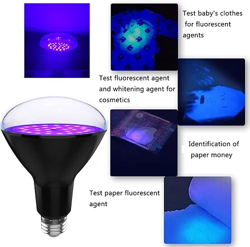 Miniatura 4 de Bombillas LED negras de 15 W, paquete de 2 (equivalente a 100 W), bombillas negras UV BR30 E26 para brillar en la oscuridad, UVA 385-400 nm, luces