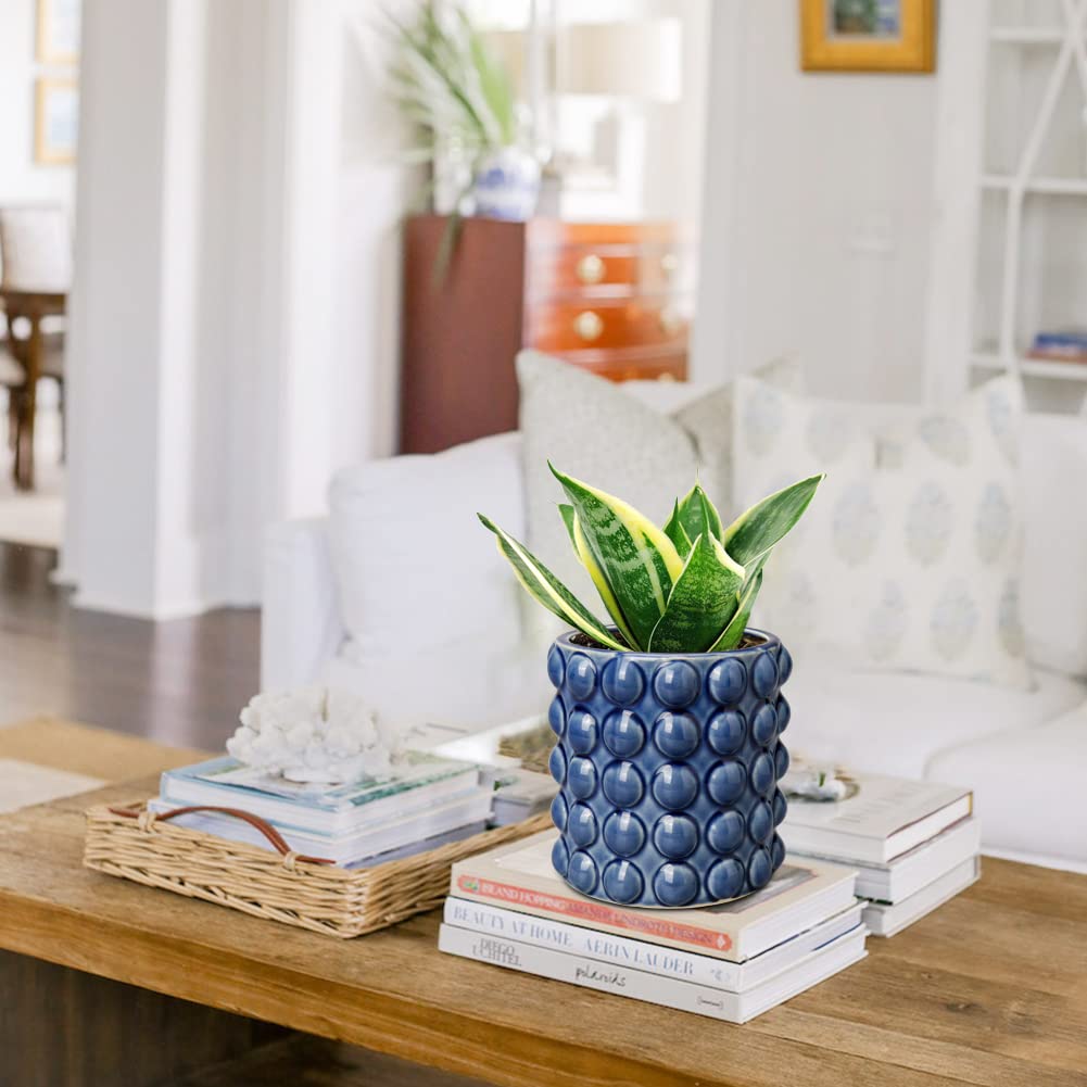 Oairse Ceramic Plant Pot 14cm/5.5inch Bubble Ceramic Planter with Drainage Holes Blue Flower Pots Beaded Design Decorative Plant Pots Indoor pour Succulent Cactus Snake Plant Houseplant - Image 4