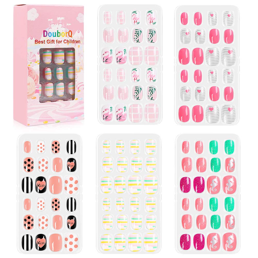 Amazon.com : DouborQ 120 pcs 5 Pack Little Girls Pre-glue Press on Nail Tips,Flamingo  Pink Hippocampus Starfish Shell Love Heart Cartoon Cute Pattern Design Fake  Nails for Children/Kids Gift Nail Art :