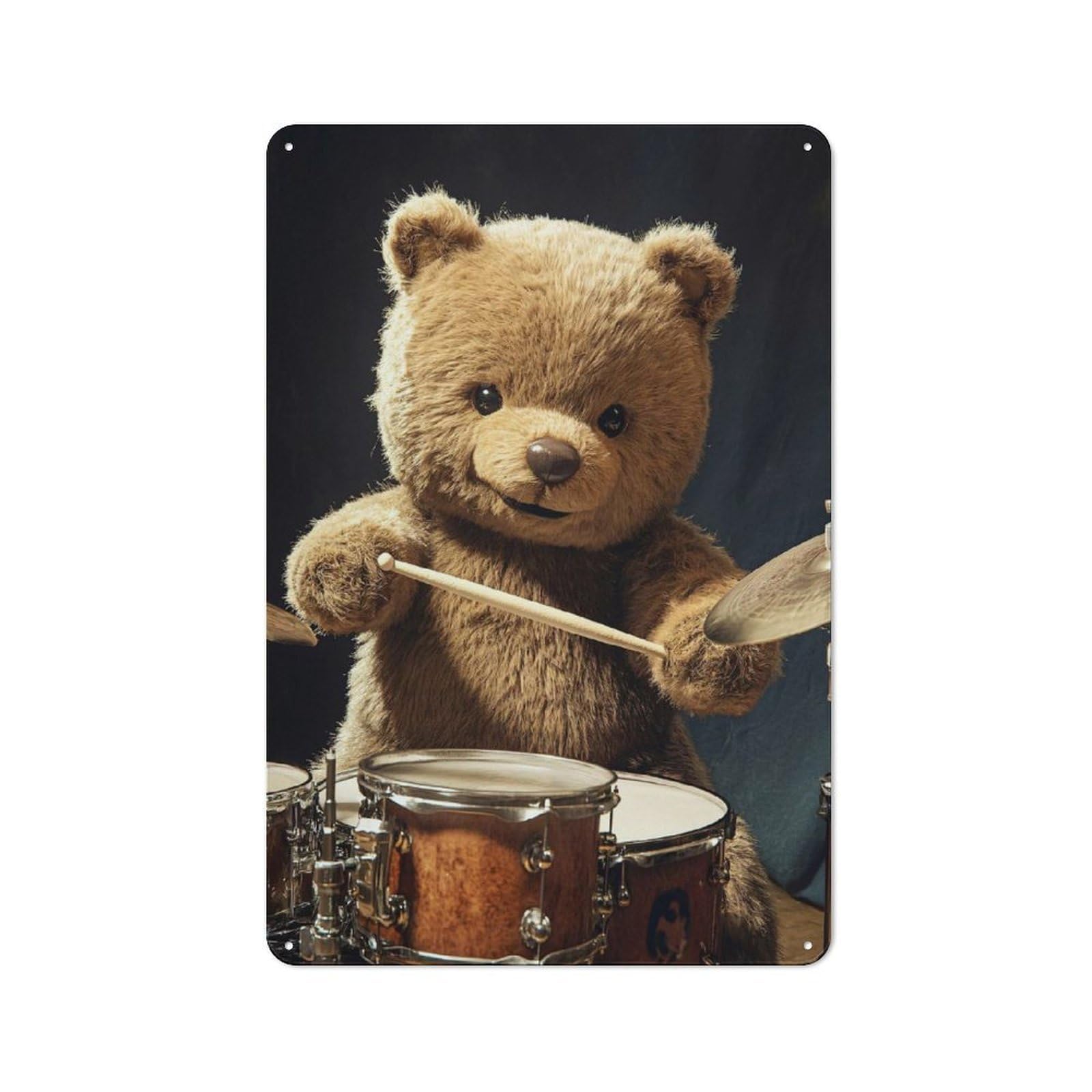 Junmoney Style-10 Garage Style Teddy Bear Drummer Poster, Picture, Metal Print, Paint By Creed Decorative Metal Plaque 30X20cm, Garage Wall Decor For Workshop, Basement, Shed Or Games Room