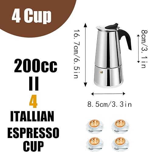 Miniatura 3 de 4 Tazas Cafetera de Espreso para Estufa Olla de Moka de Acero Inoxidable Percolador de Espreso Italiano para Café Capaz Máquina Mocha Greca Clásica